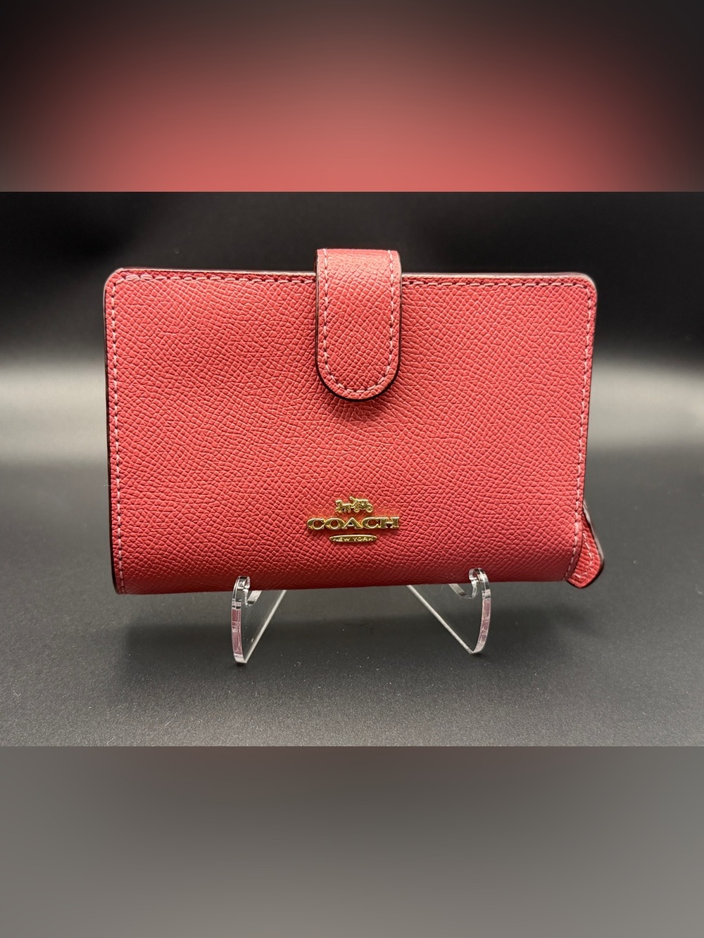 Coach Coral-Red Leather Snap Wallet with Gold Logo